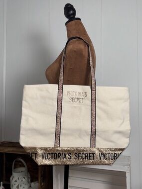 Victoria's Secret Gold Glitter Sparkle Logo Canvas Tote Bag